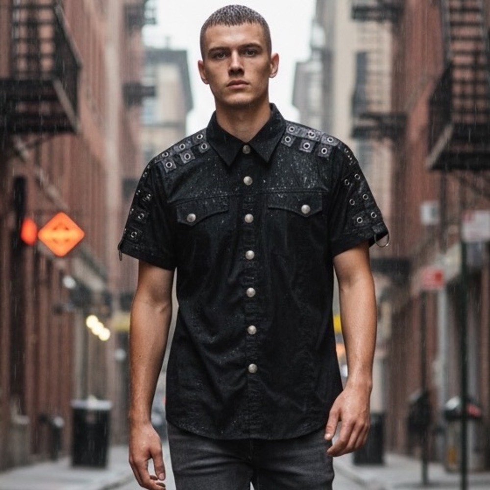 Punk Rave Mens Black Industrial Goth Grommet Snap Button Short Sleeve Shirt M